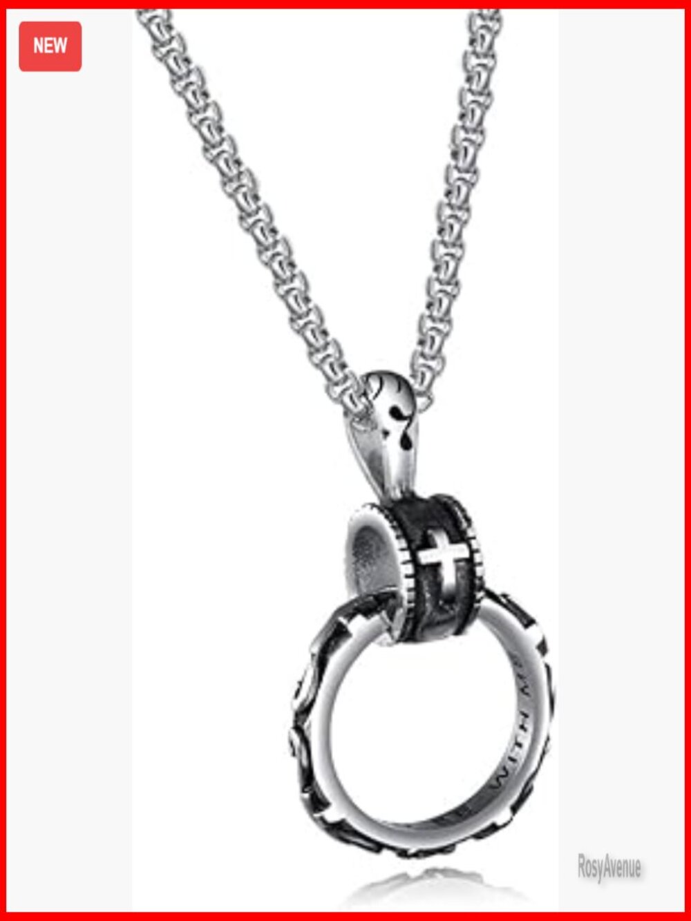 Stainless Steel Cross Ring Pendant Necklace for Men 21.6 Inch Chain